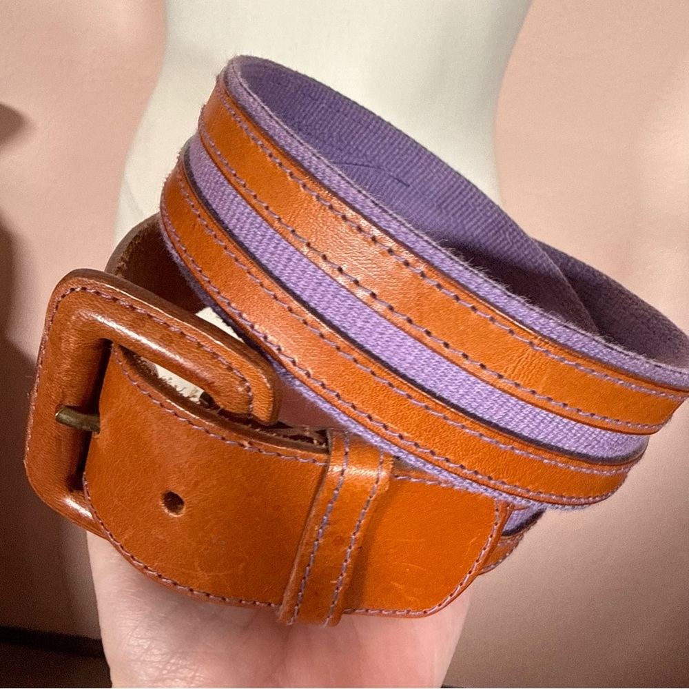 Vintage Echo Lavender Canvas camel brown Leather stripe wide Minimalist belt